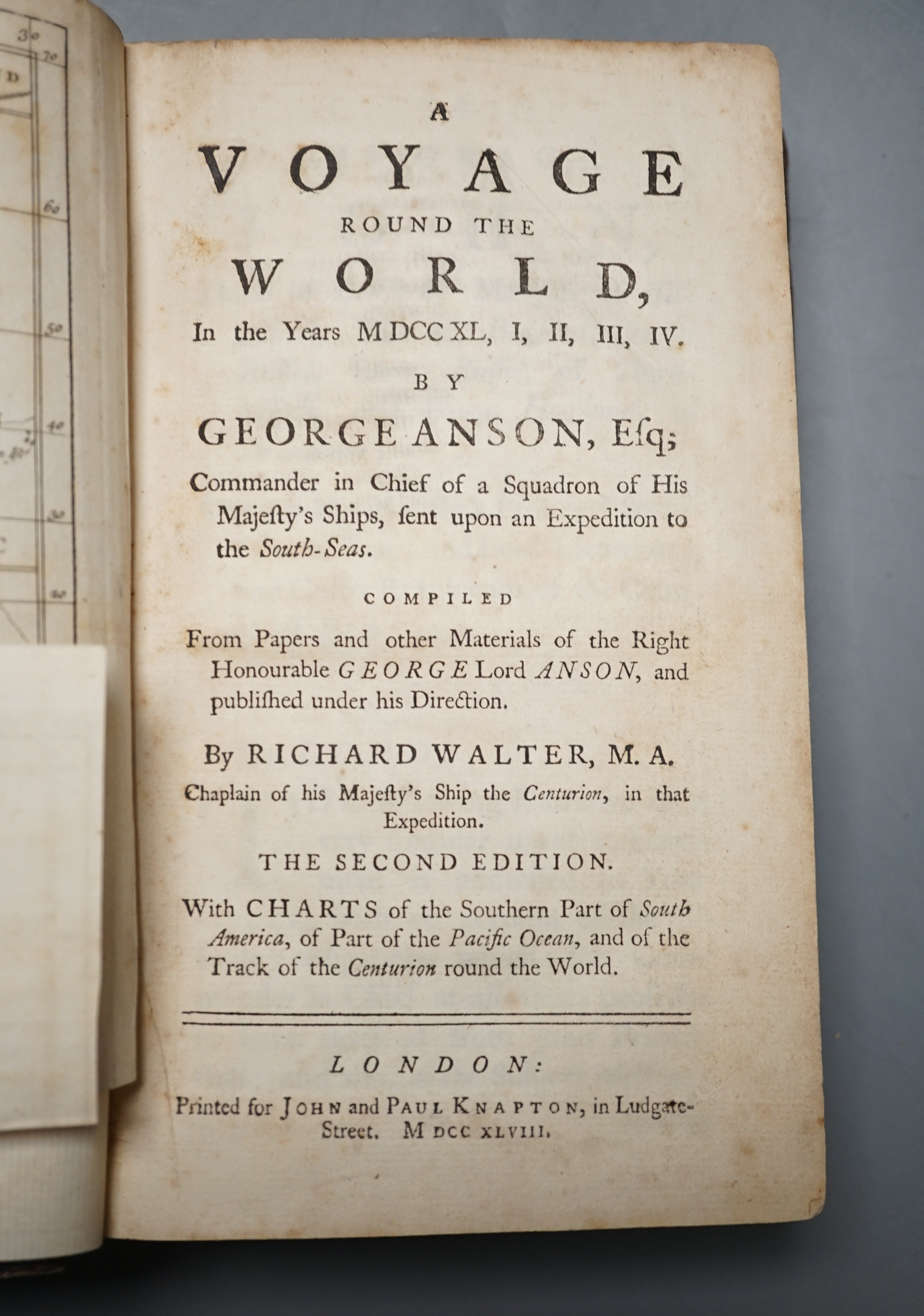 Anson, George, Baron Anson - A Voyage Around The World, 2nd edition, 8vo, calf, rebacked, with 3 folding maps and portrait, London 1748